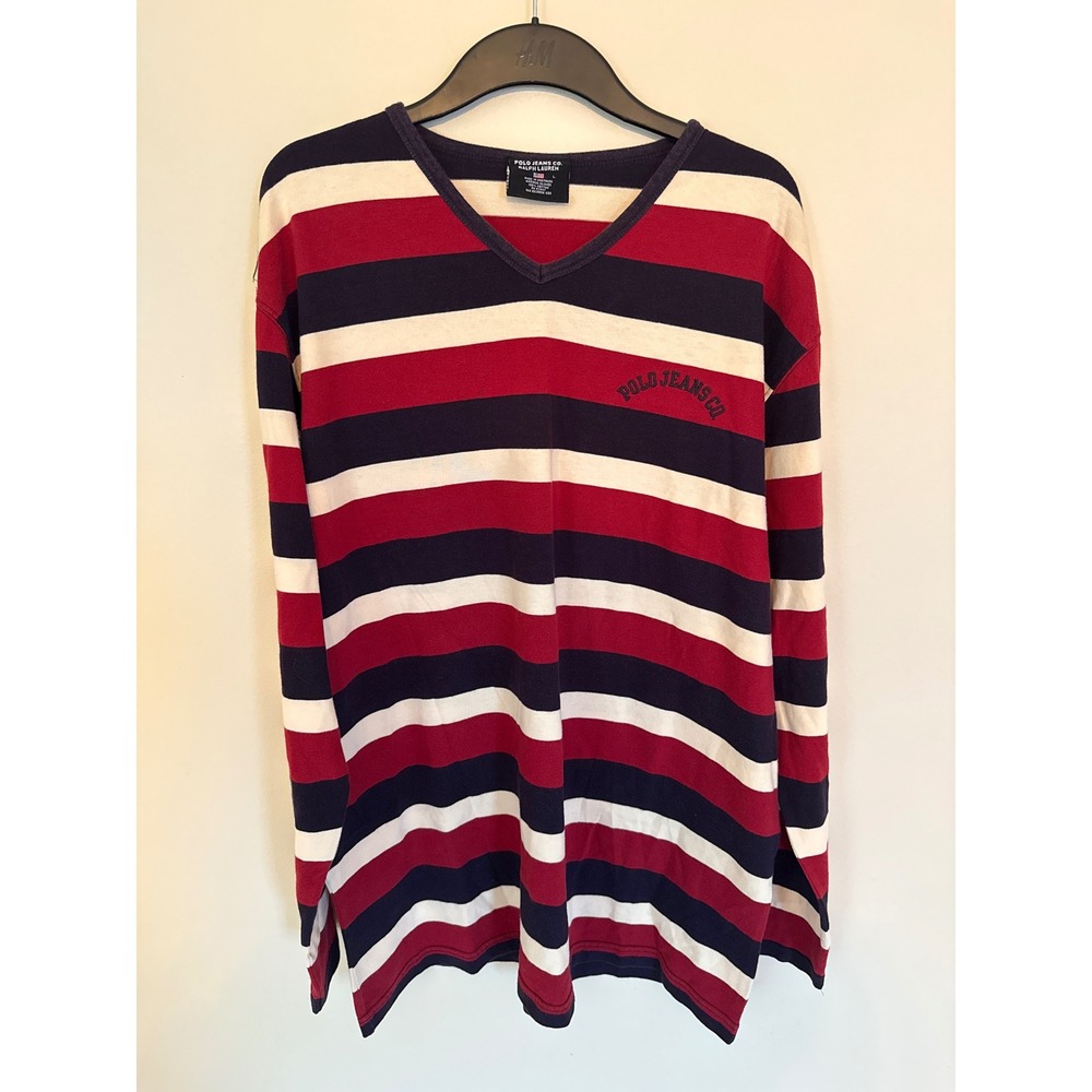 Polo Jeans Co Ralph Lauren Mens Large Striped V-Neck Long Sleeve Shirt Navy Red